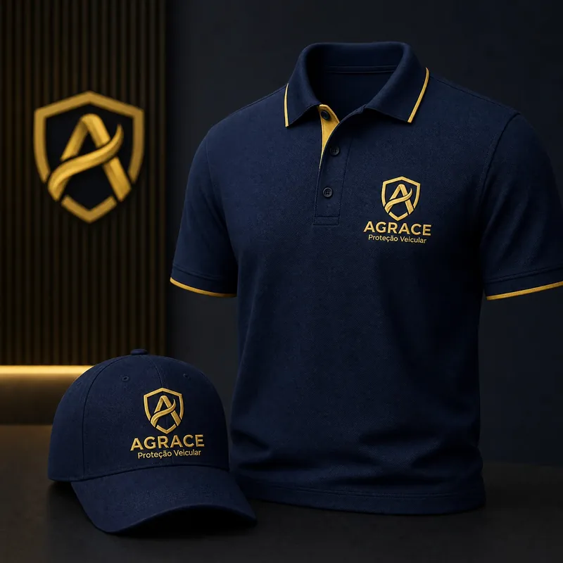 Uniforme Agrace: camisa polo e boné azul-marinho com a logo bordada (imagem ilustrativa)
